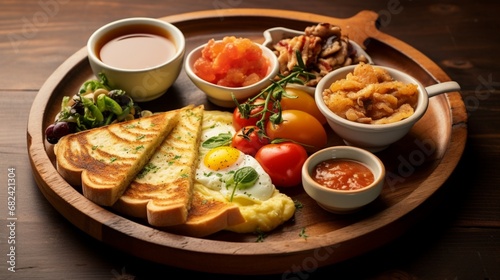 an image of a breakfast platter with a variety of omelets and toast