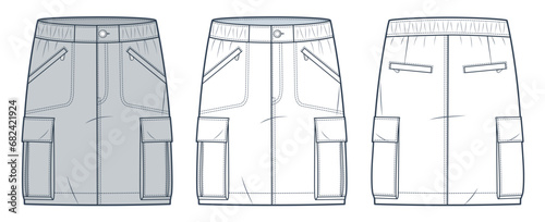 Cargo mini Skirt technical fashion illustration. Denim Skirt fashion flat technical drawing template, mini length, pockets, elastic waist, front and back view, white, grey, women CAD mockup set.