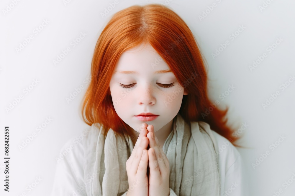 Red hair girl on knees holding hands and praying in the morning, pastel neutral background. Christianity, faith, spirituality, religion, salvation, peace, faith concept. Kid praying to God Red hair girl on knees holding hands and praying in the morning, pastel neutral background. Christianity, faith, spirituality, religion, salvation, peace, faith concept. Kid praying to God