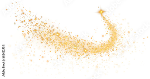 The golden dust sparks and golden stars shine with special light. Sparkling magical dust particles. Abstract light lines of motion and speed, with flying dust glitter. Light golden line. PNG.