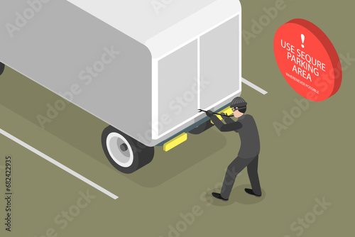 3D Isometric Flat Vector Illustration of Heavy Vehicle Parking Safity Rules, Truck Trailer Robbery