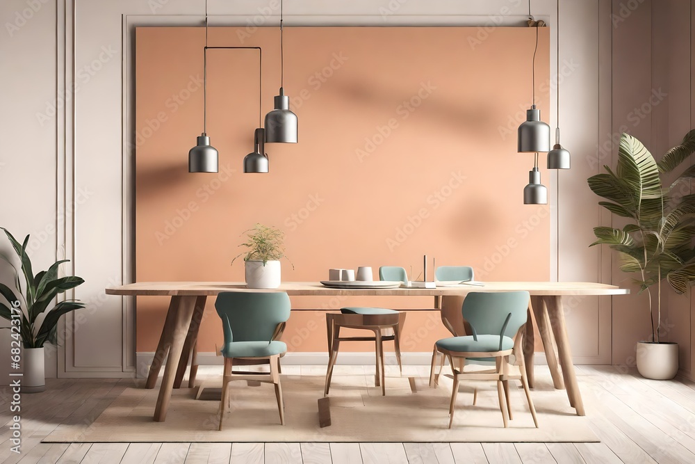 Mockup poster in the interior with a table in trendy colors