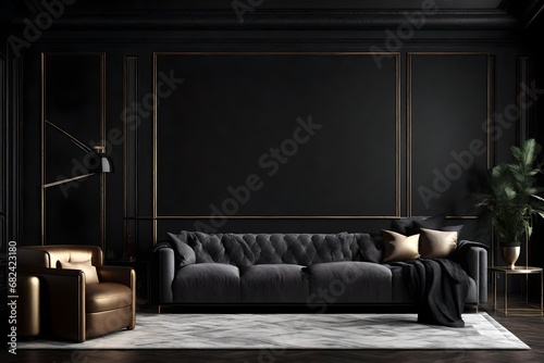 Sofa in classic black interior. 3D render interior mock up.