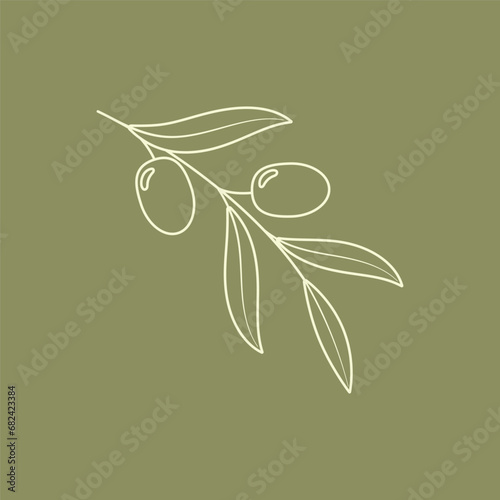 Olive tree branch with fruits and leaves line art illustration. Outline botanical symbol. 