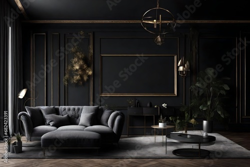 Sofa in classic black interior. 3D render interior mock up. © MISHAL