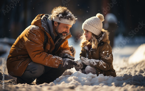 rodzinne zimowe zabawy na śniegu, lepienie bałwana z rodzicami. © siwyk