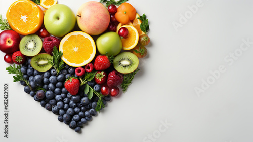 heart shape by various vegetables and fruits on white stone background
