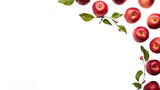 Red apples and leaves as decoration with white space for design, isolated on a transparent background