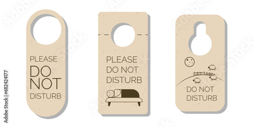 Set of Please Do not disturb door hanger signs, tags or labels with a person sleeping in bed. Hotel room door handle or knob hanging cards and warning messages on white background. Vector illustration