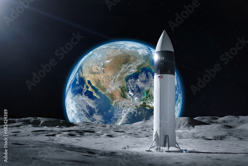 Fototapeta Naklejka Na Ścianę i Meble -  Starship spacecraft on Moon surface with Earth planet. Artemis space mission. Elements of this image furnished by NASA.