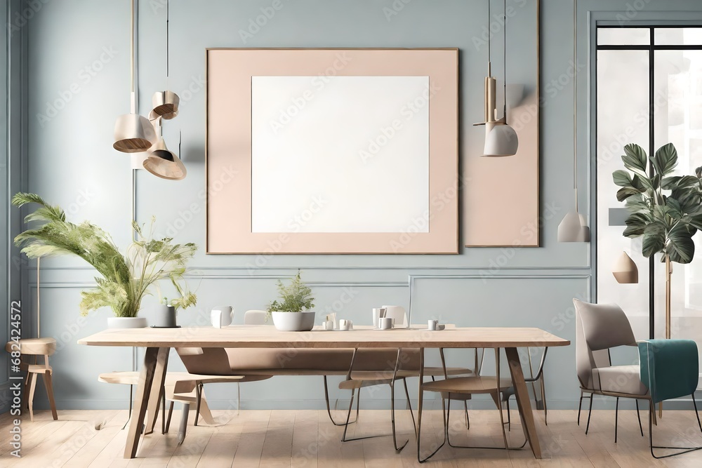 Mockup poster in the interior with a table in trendy colors Mockup poster in the interior with a table in trendy colors