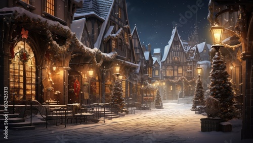 A Winter Wonderland: Snowy Street Illuminated by a Majestic Christmas Tree