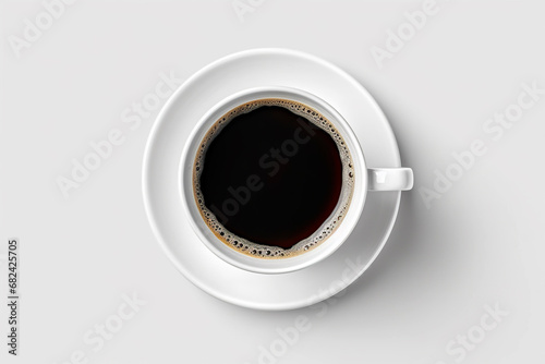 Cup of coffee with coffee beans on white background, top view