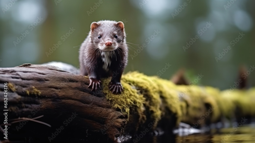 Mature Neovison vison in Upright Position on Timber - An American Mink Mature Neovison vison in Upright Position on Timber - An American Mink