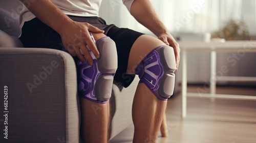 Man wearing black knee brace due to ACL injury while using orthopedic knee support at home for joint fixation, pain relief, and prevention of further injuries photo