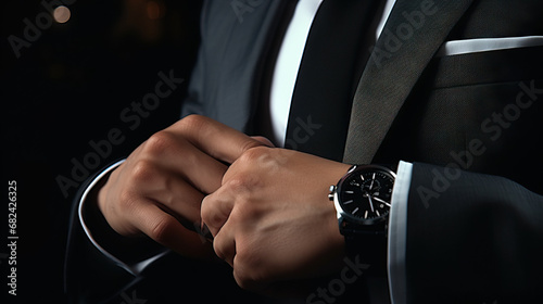 Man in Business Suit Adjusting Wrist Button. Beautiful Watch. Torso Shot. Concept of Elegant, Dressed Up, Spiffy, Luxury, and Expensive.