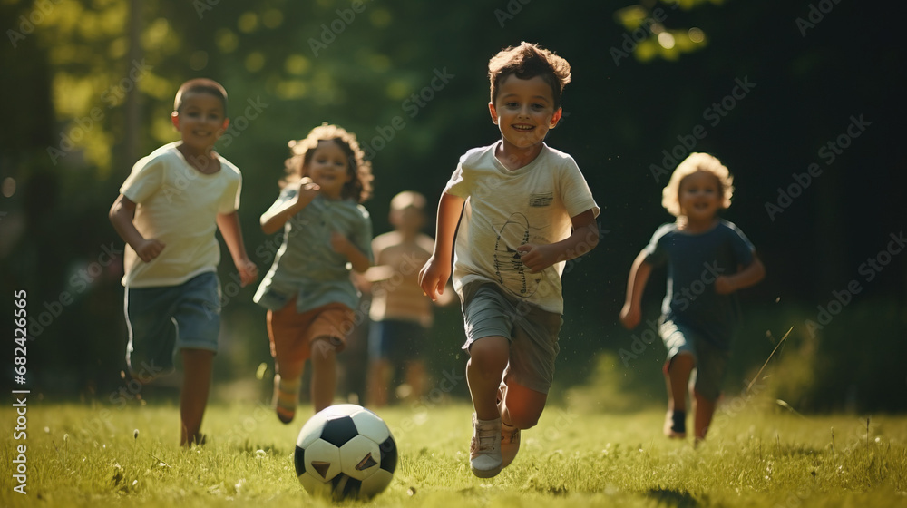 Children Playing Soccer Football. Running Action Shot in the Park. Green Grass and Sun. Mexican Hispanic Children.. Concept of Sports, Ball, Running, Laughing, Playing.