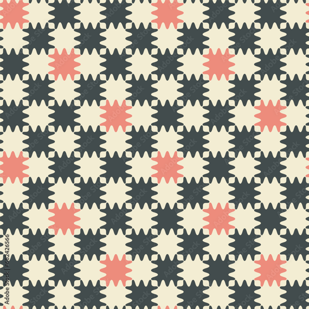 Checkered geometric grid seamless pattern. Monochrome background, black white, red colour palette template. Trendy print for social media, banner, poster. Vector