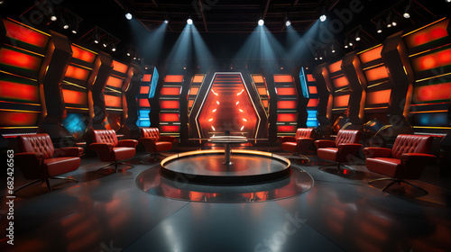 Empty Game Show Talk Show Set With Stage Lights, Chairs, and a Table. Concept of Television Production, Studio Ambiance, Entertainment Setup, Stage Lighting, Talk Show Atmosphere, Showbiz Setting. photo