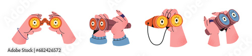 Hands hold binoculars, look into it with eyes, observe, look for work, see, spy, explore. Cartoon illustration in 90s retro groovy style.