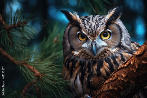 Owl on a tree on a branch in the wild