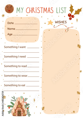 Christmas wishes list template decorated tasty gingerbread cookies, house Vector winter holiday gifts planner.
