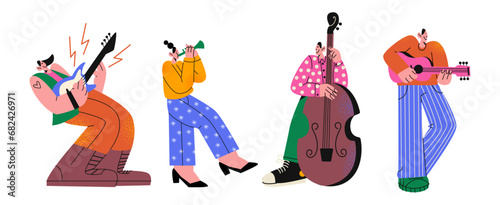 Cartoon retro musical characters in the style of the 90s. people play musical instruments.	Guitarist, violinist, rock singer, trumpeter. Concept of a musical concert, acid groovy people