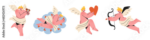 Character amur cupid valentines day.Cartoon angel shoots hearts from a bow. Romantic child heart hunter