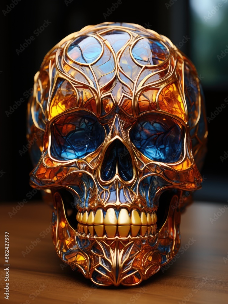A gold and blue glass skull sitting on a table. A gold and blue glass skull sitting on a table.