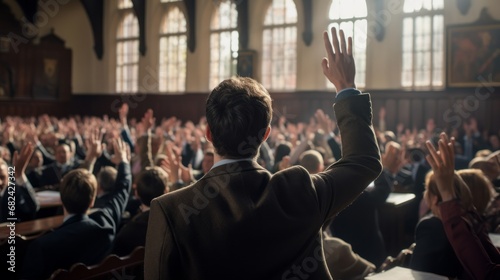 At a professional business seminar, a diverse audience raises their hands in an important decision © David