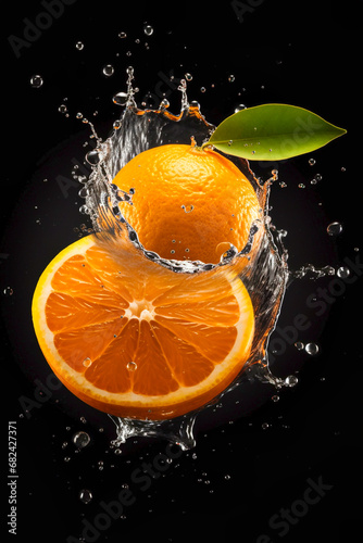 Orange fruits slice with water splash realistic