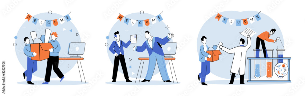 New employee. Vector illustration. The new employee metaphor highlights significance mentorship and support from experienced colleagues in helping new employee succeed The new employee metaphor New employee. Vector illustration. The new employee metaphor highlights significance mentorship and support from experienced colleagues in helping new employee succeed The new employee metaphor