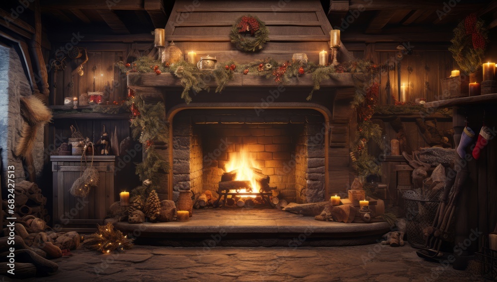 A Cozy Fireplace Illuminated by Candles and Adorned with Festive Christmas Decorations A Cozy Fireplace Illuminated by Candles and Adorned with Festive Christmas Decorations
