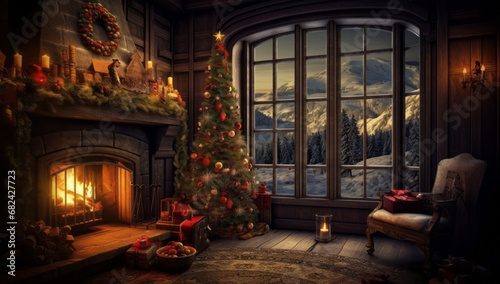 A Cozy Christmas Living Room with a Festive Tree and Warm Fireplace