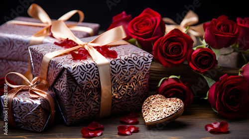 elegant patterned gift boxes with golden ribbons and deep red roses on a dark wooden surface, perfect for Valentine's Day