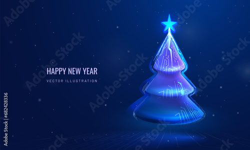 Christmas tree in technological style. Futuristic cyber Happy New Year greeting card. Winter holiday background