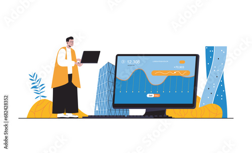 Cryptocurrency mining web concept with people in flat cartoon design. Man earning virtual money at crypto platform using digital farm. Vector illustration for social media banner, marketing material.