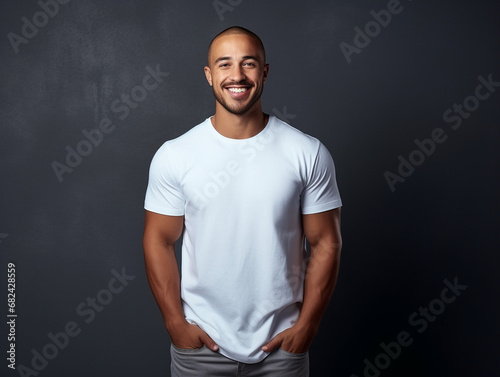 A mockup of a handsome young male model wearing a white T-shirt against a black background
