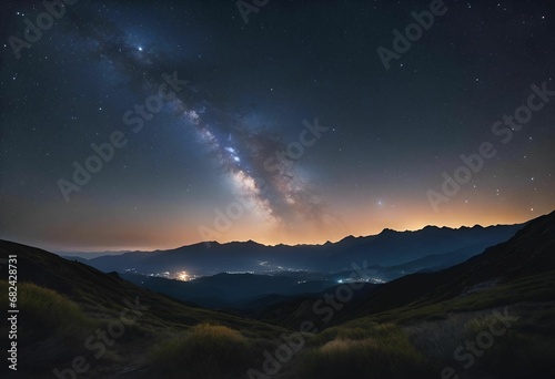 AI generated illustration of a majestic view of the Milky Way galaxy is seen from atop a hill © Wirestock