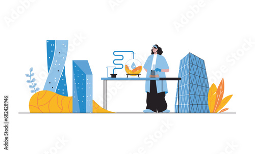 Laboratory web concept with people in flat cartoon design. Woman chemist making scientific research and doing tests in lab equipment. Vector illustration for social media banner, marketing material.