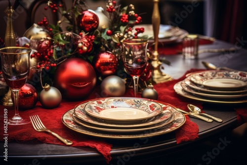A Festive Christmas Table with Elegant Red and Gold Decorations