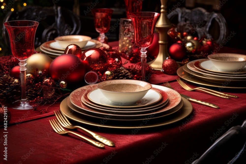 A Festive Christmas Dinner Table with Elegant Red and Gold Decorations