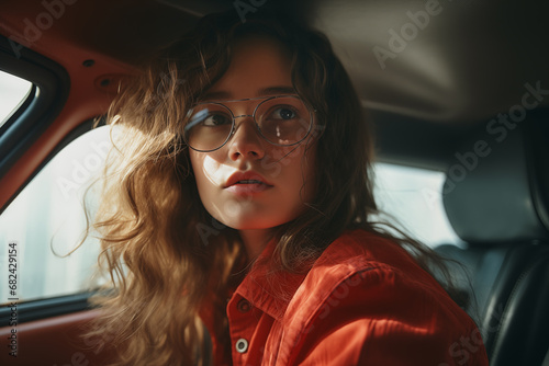 Beautiful young woman in glasses driving a car © MariiaDemchenko
