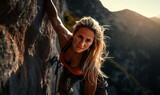 A woman taking on the challenge of rock climbing, extreme sports