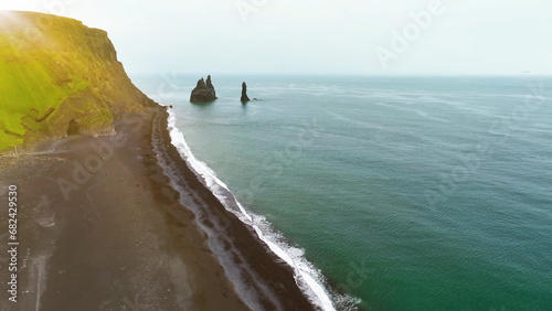 Reynisfjara Black Sand Beach and rocks Reynisdrangar in Iceland