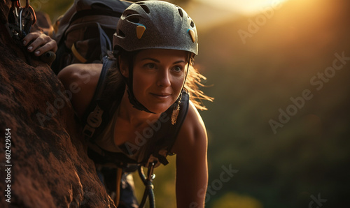 A woman taking on the challenge of rock climbing, extreme sports