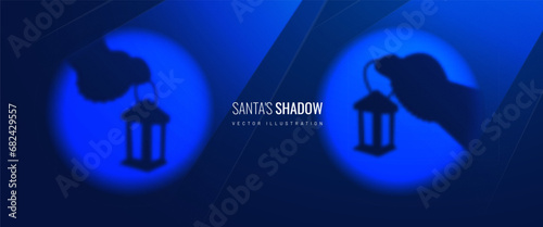 Silhouettes of Santa's hands with an old lamp - icon in blurred style. Light effect of the spotlight is an element of the Christmas design. Vector illustration