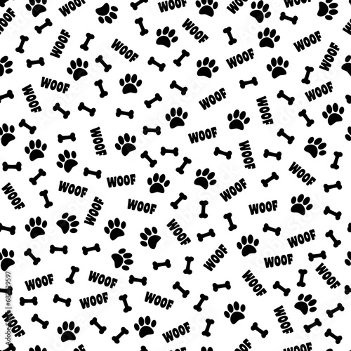 Dog Paw Prints Bones And Woof Seamless Pattern