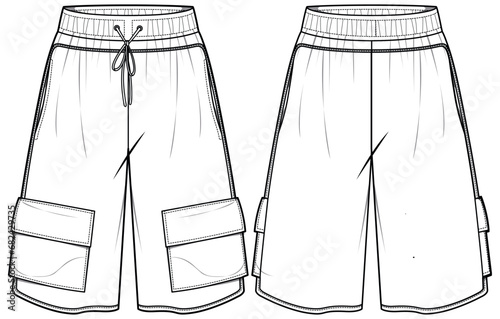 Men's oversize Sweat shorts front and back view flat sketch fashion illustration, Knitted Cargo Jogger short with cargo utility pockets design drawing vector template