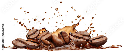 Delicious coffee beans in splashes of coffee, cut out